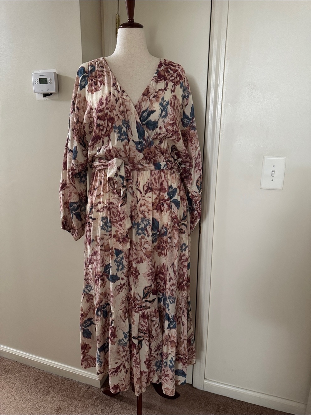 H&M Floral Maxi Wrap Dress - Cream, Dusty Rose & Blue